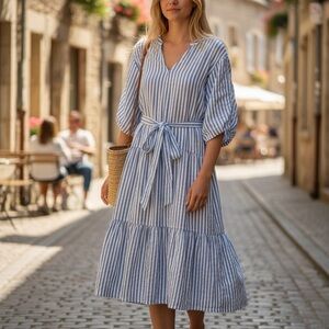 Roller Rabbit Blue Stripe Cotton Midi Dress Tie Waist Size L
